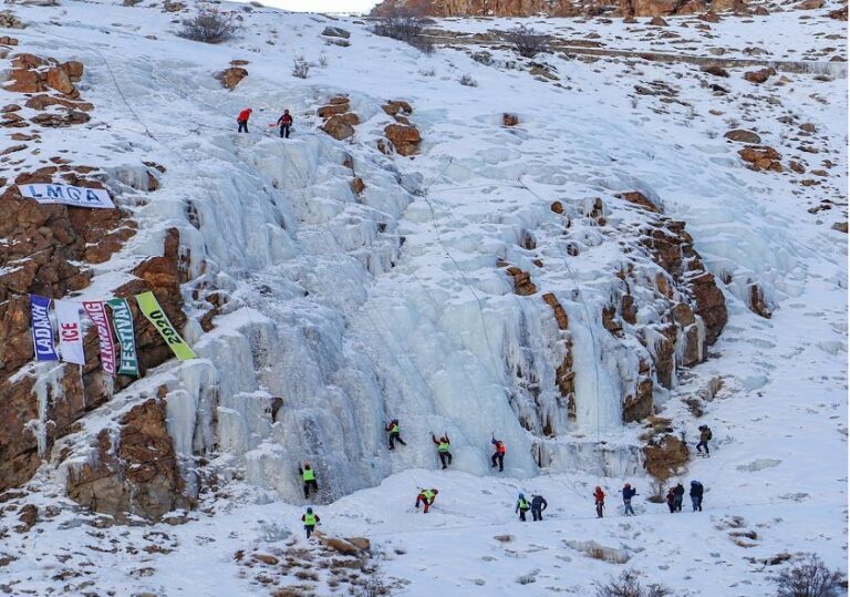 Ice climbers scaling frozen waterfalls during the Ladakh Ice Climbing Festival.